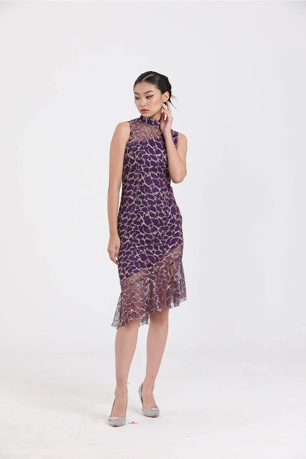 Gold Embroidery on Purple Mesh Sleeveless Asymmetric Mermaid Hem Dress