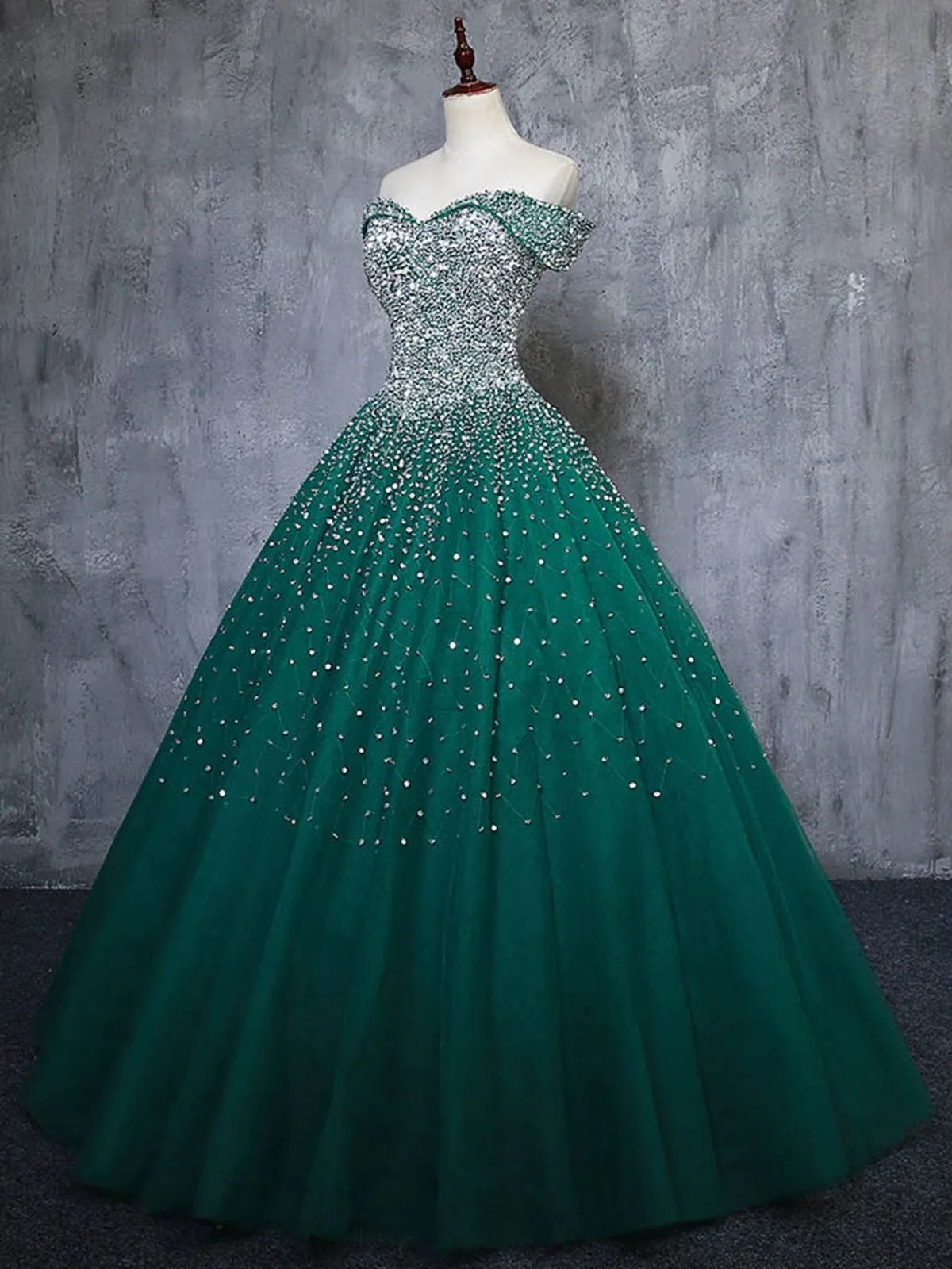 Gorgeous Off Shoulder Beaded Green Tulle Long Prom Dresses, Beaded Green Formal Evening Dresses, Beaded Ball Gown