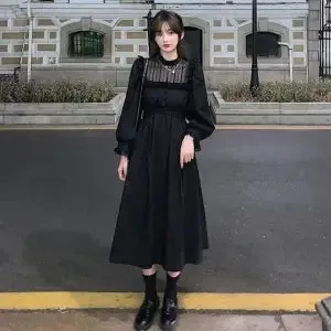 Gothic Black Lace Dress Women Casual Elegant Party Midi Ruffle Long Sleeve Dress Emo Y2k Goth Clothes Spring Robes