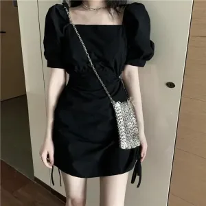 Gothic Harajuku Dress Women Goth Wrap Puff Sleeve Belt Short Dresses Korean Style Square Collar Robes Summer Kpop