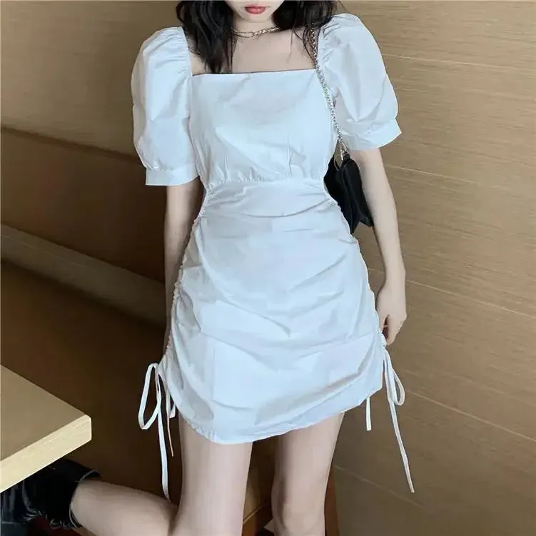 Gothic Harajuku Dress Women Goth Wrap Puff Sleeve Belt Short Dresses Korean Style Square Collar Robes Summer Kpop