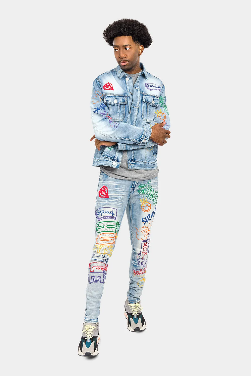 Graffiti Faded Washed Denim Jacket