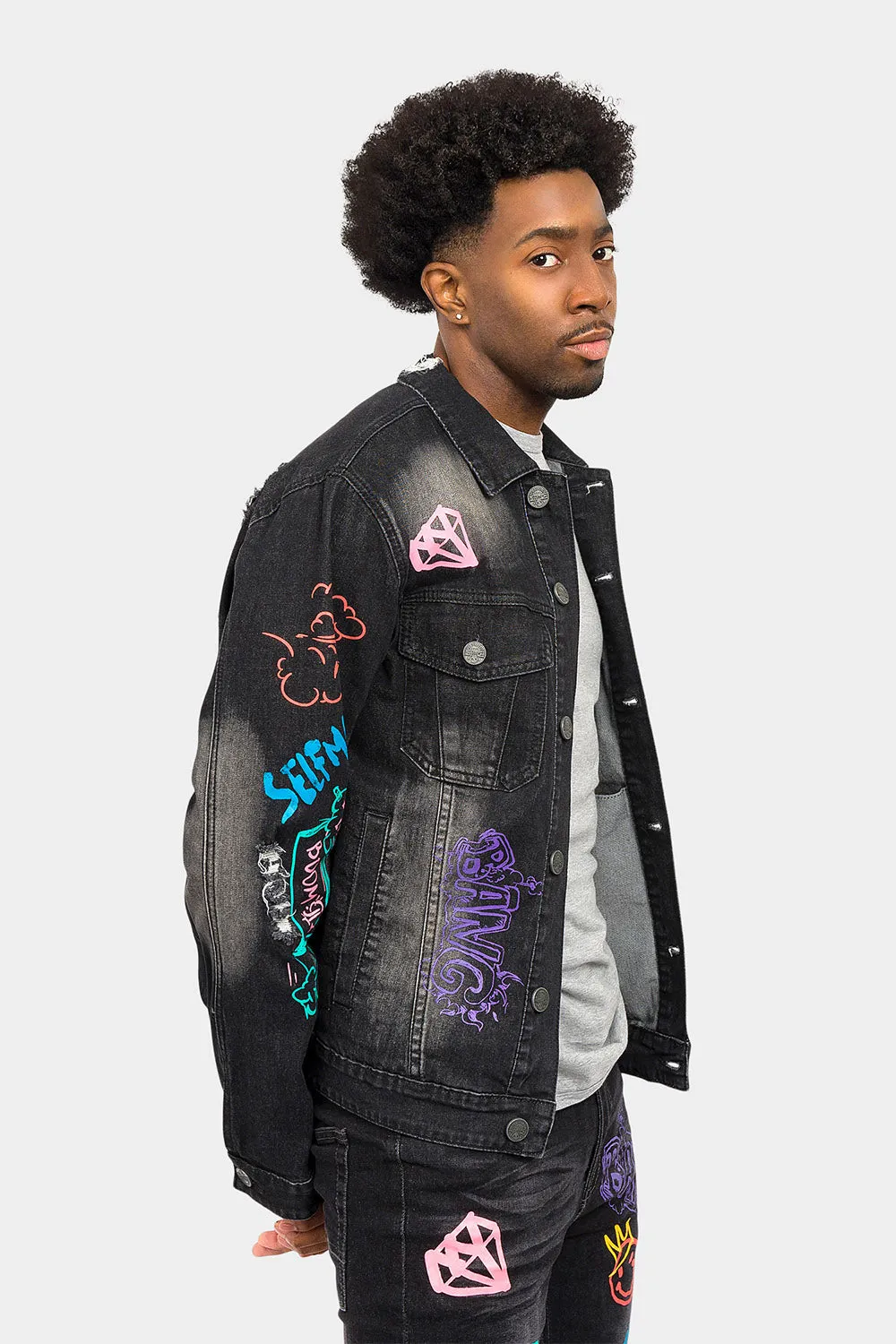 Graffiti Faded Washed Denim Jacket