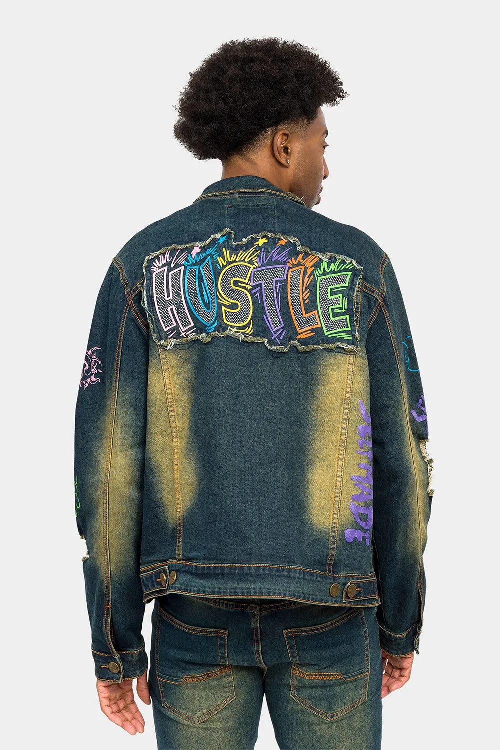 Graffiti Faded Washed Denim Jacket