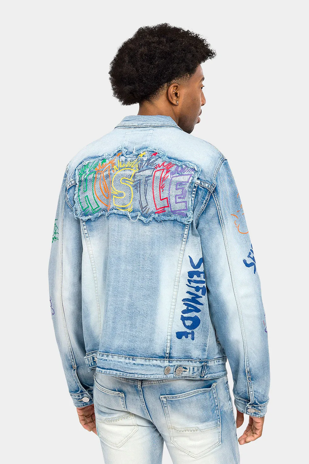 Graffiti Faded Washed Denim Jacket