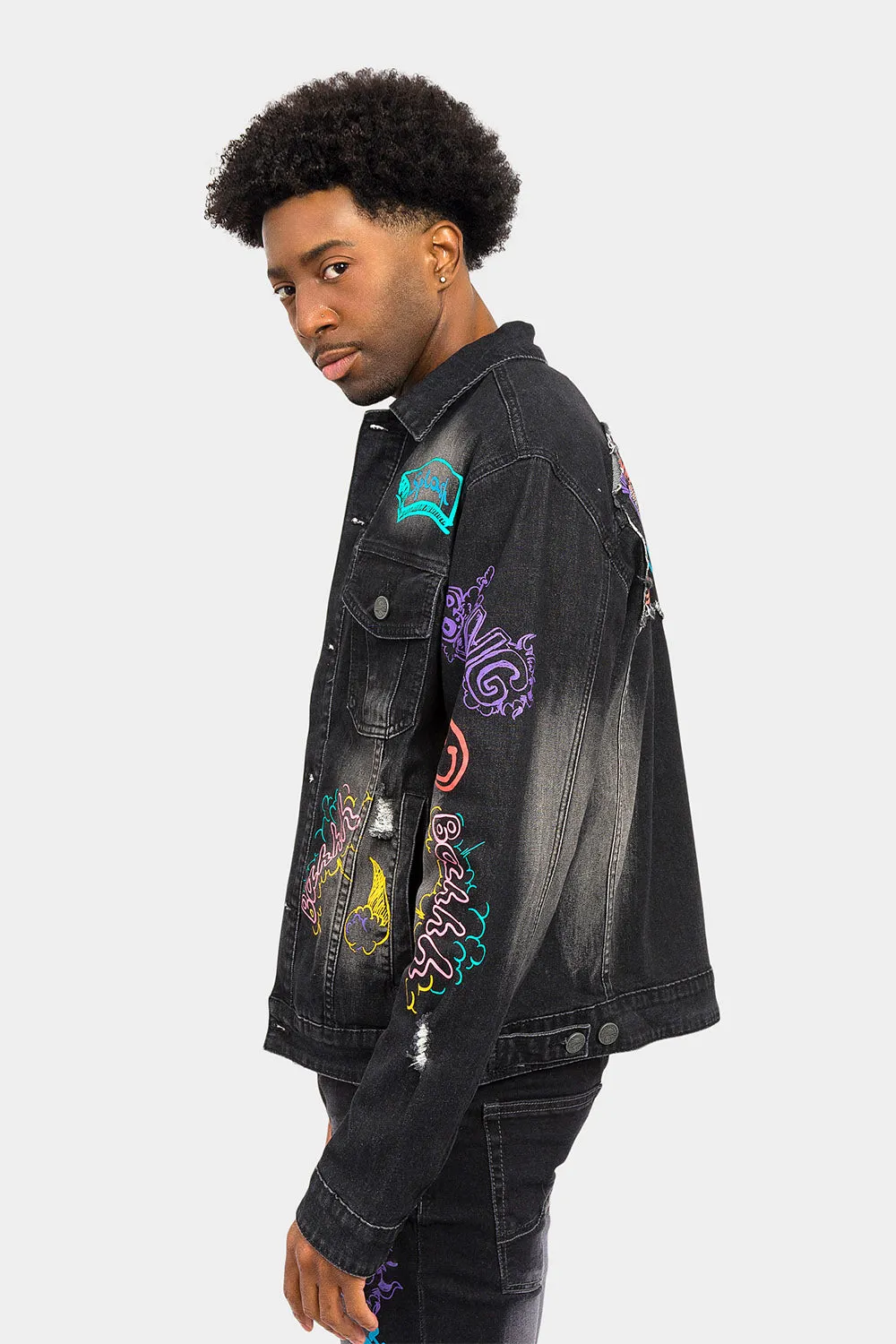 Graffiti Faded Washed Denim Jacket