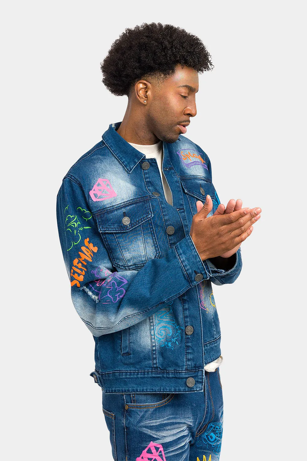 Graffiti Faded Washed Denim Jacket