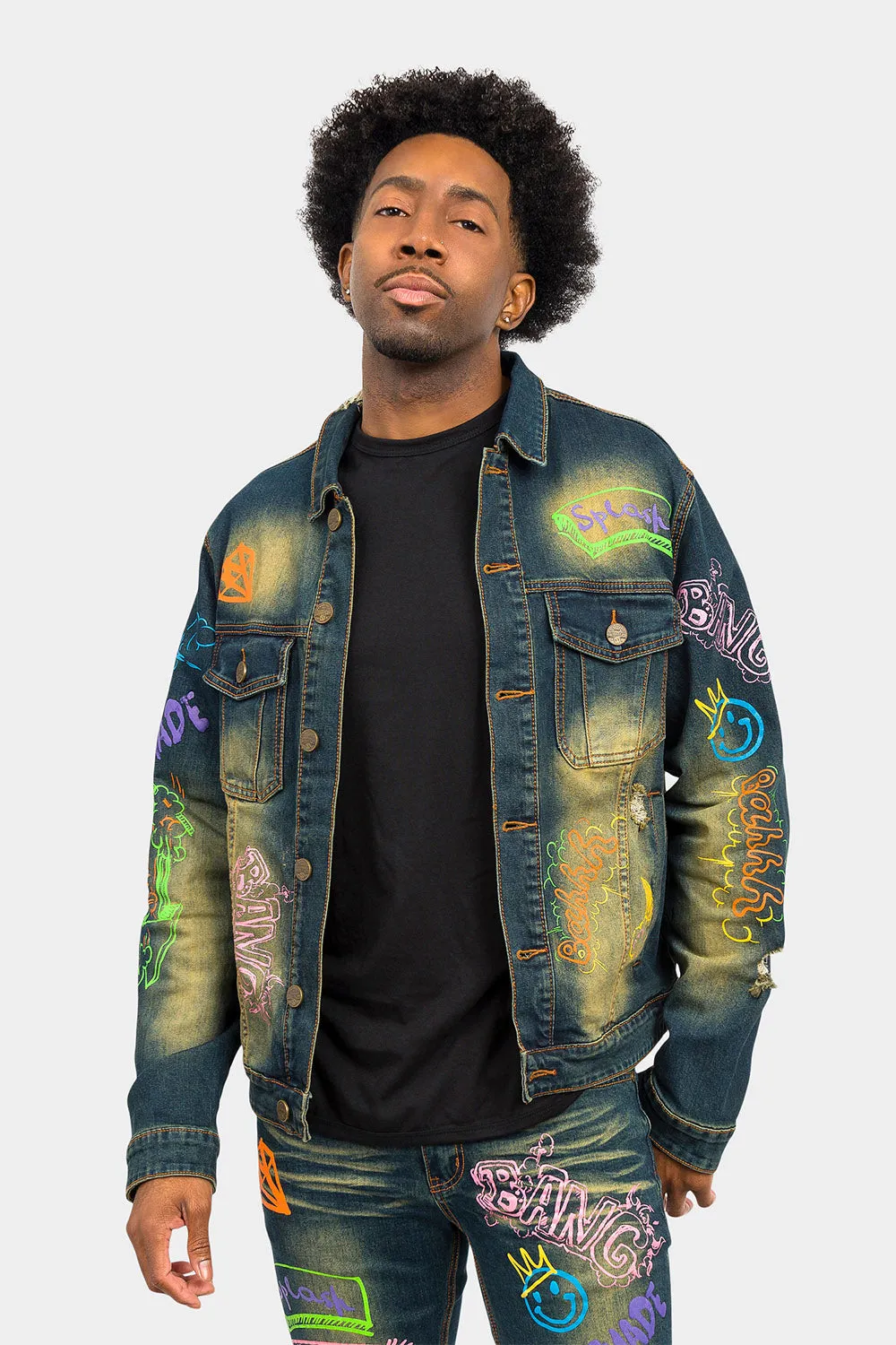 Graffiti Faded Washed Denim Jacket