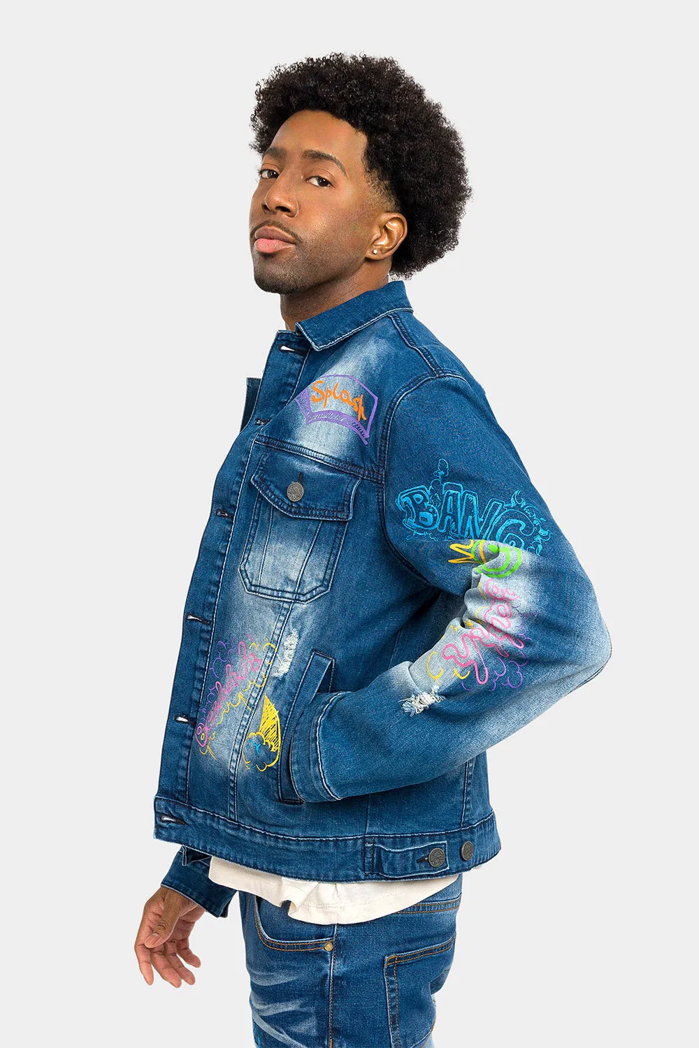 Graffiti Faded Washed Denim Jacket