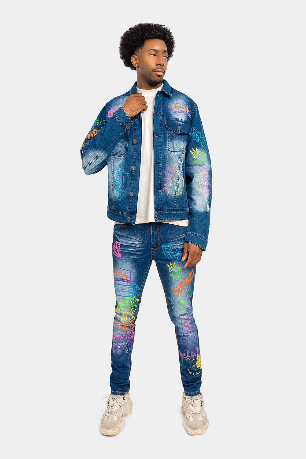 Graffiti Faded Washed Denim Jacket