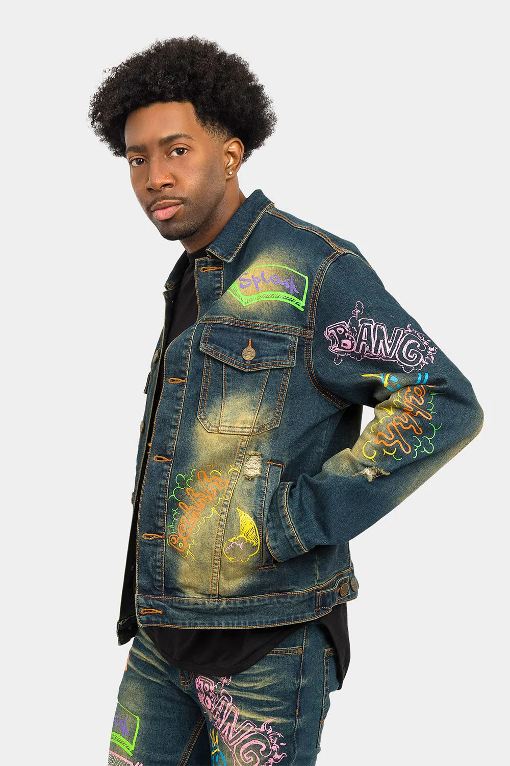 Graffiti Faded Washed Denim Jacket