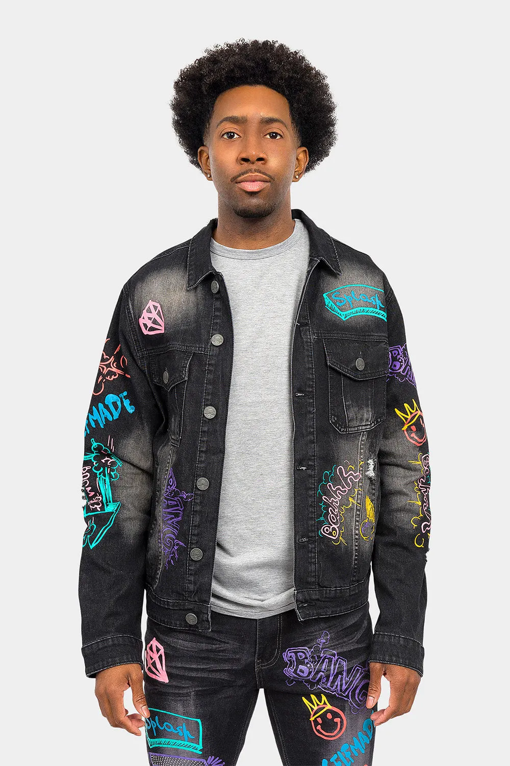 Graffiti Faded Washed Denim Jacket