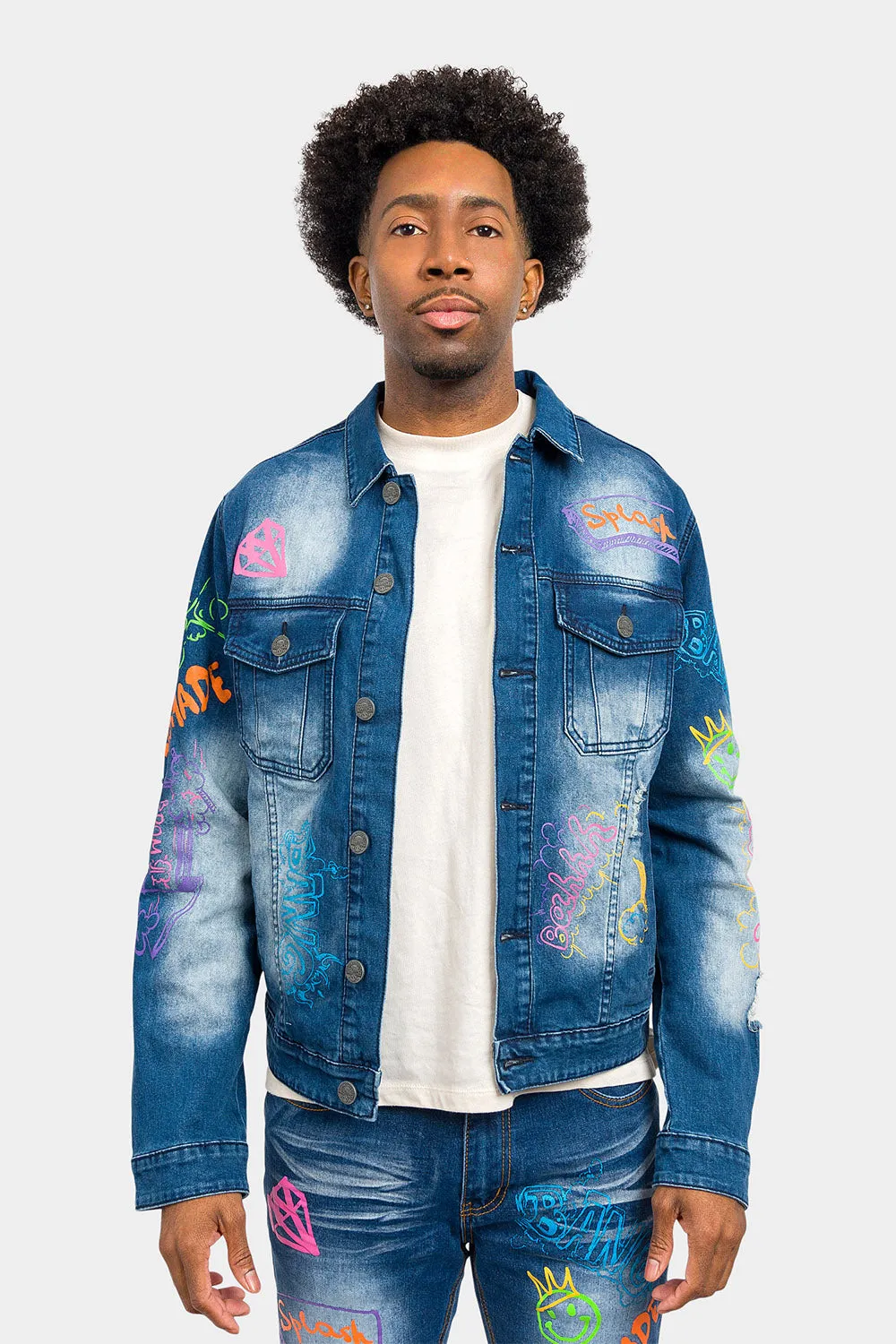 Graffiti Faded Washed Denim Jacket