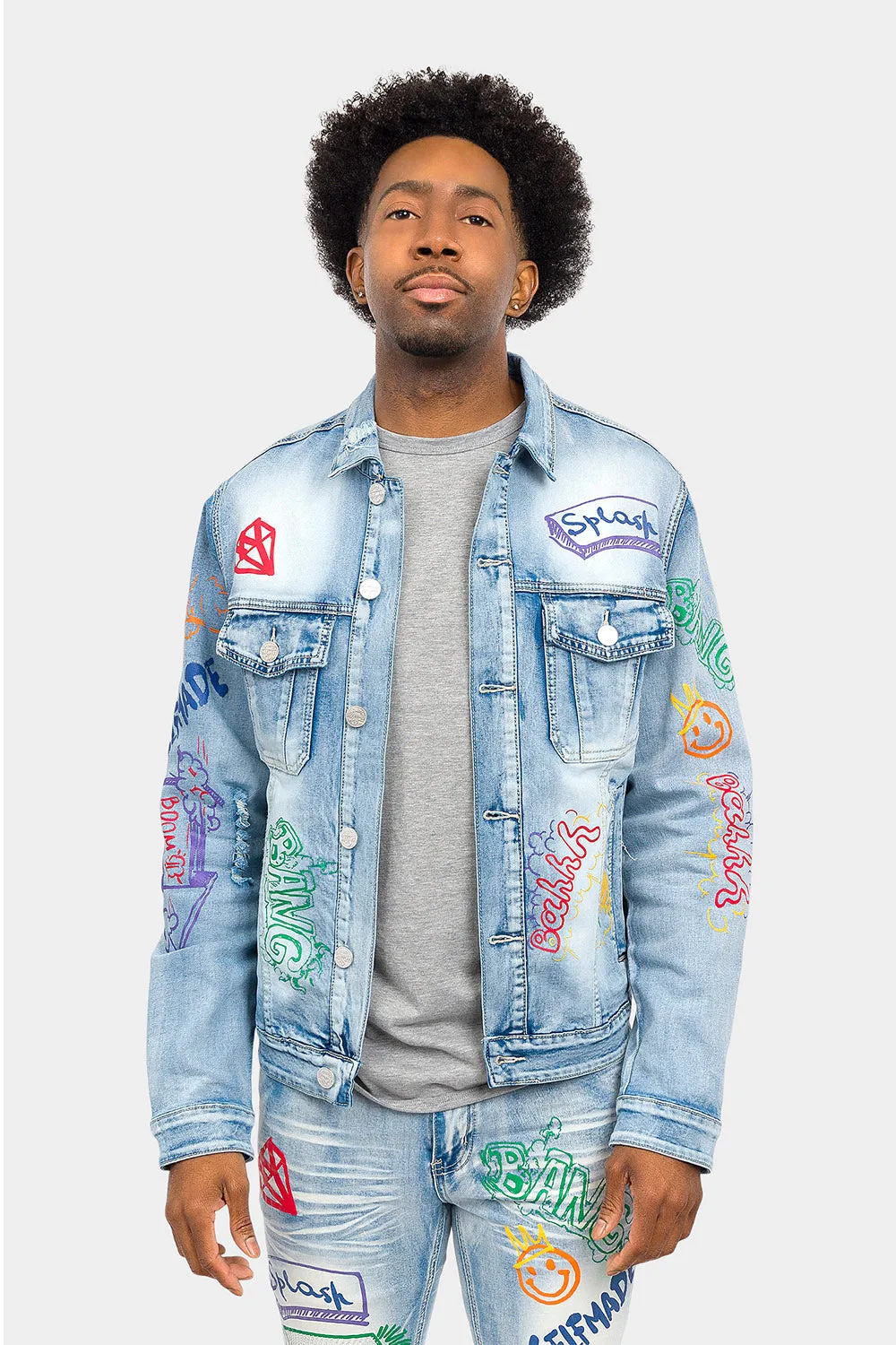 Graffiti Faded Washed Denim Jacket