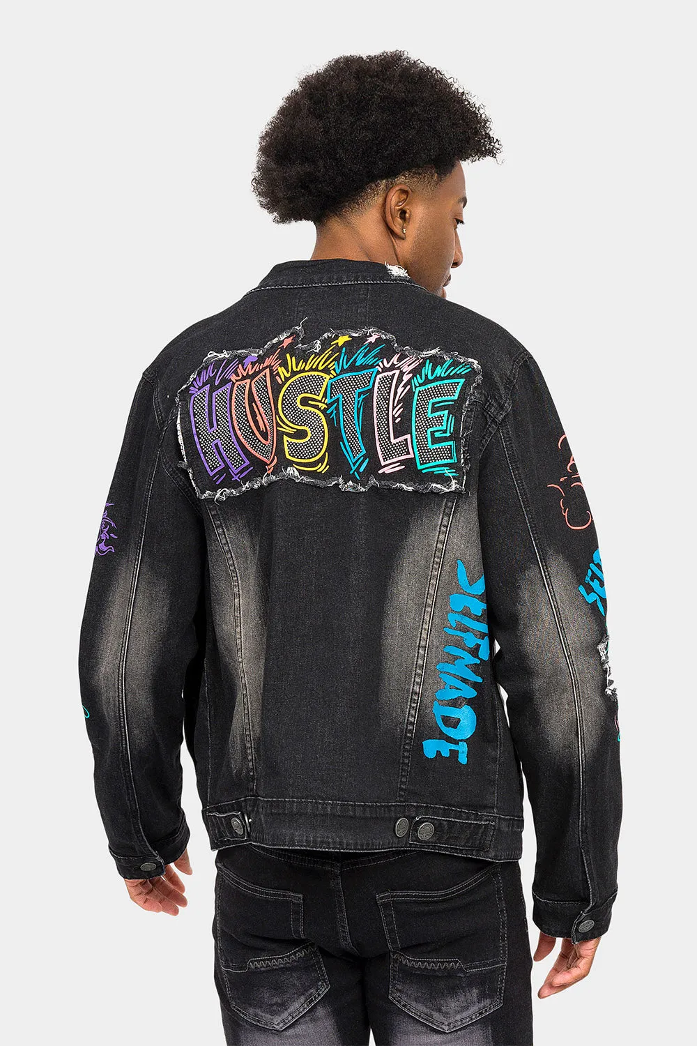 Graffiti Faded Washed Denim Jacket