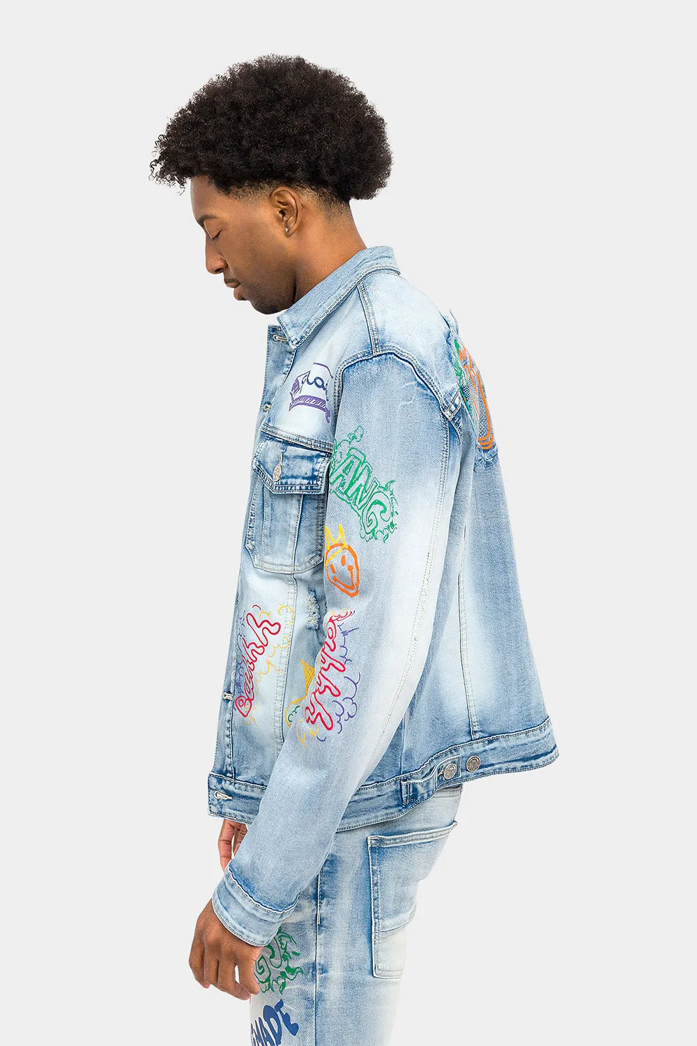 Graffiti Faded Washed Denim Jacket