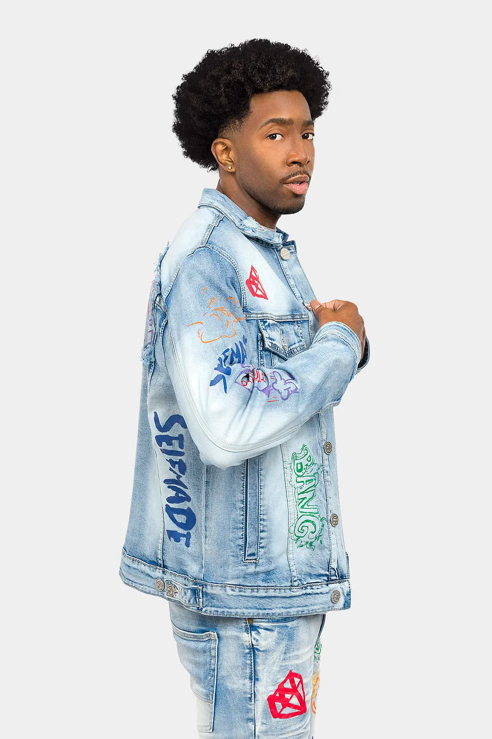 Graffiti Faded Washed Denim Jacket