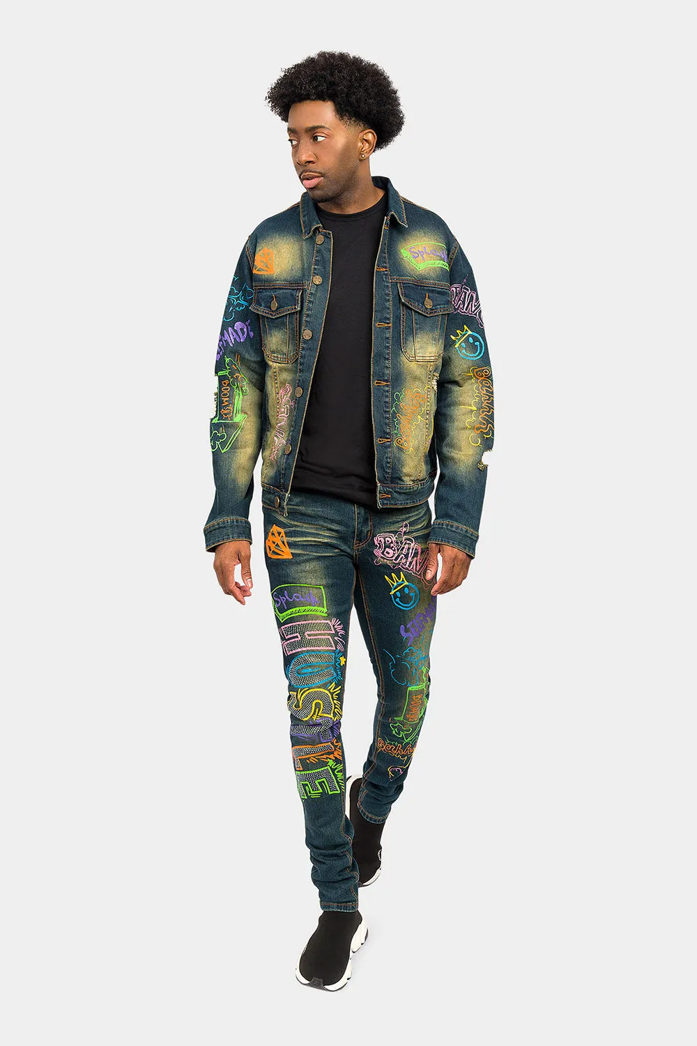 Graffiti Faded Washed Denim Jacket