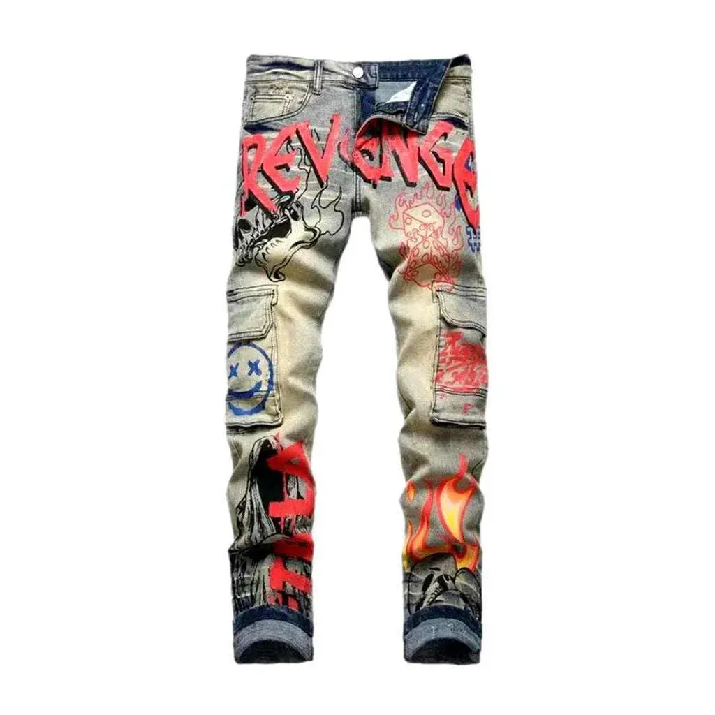 Graffiti print frayed men's jeans