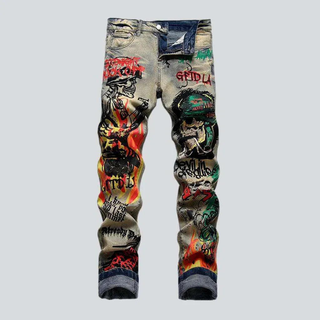 Graffiti skull print men's jeans