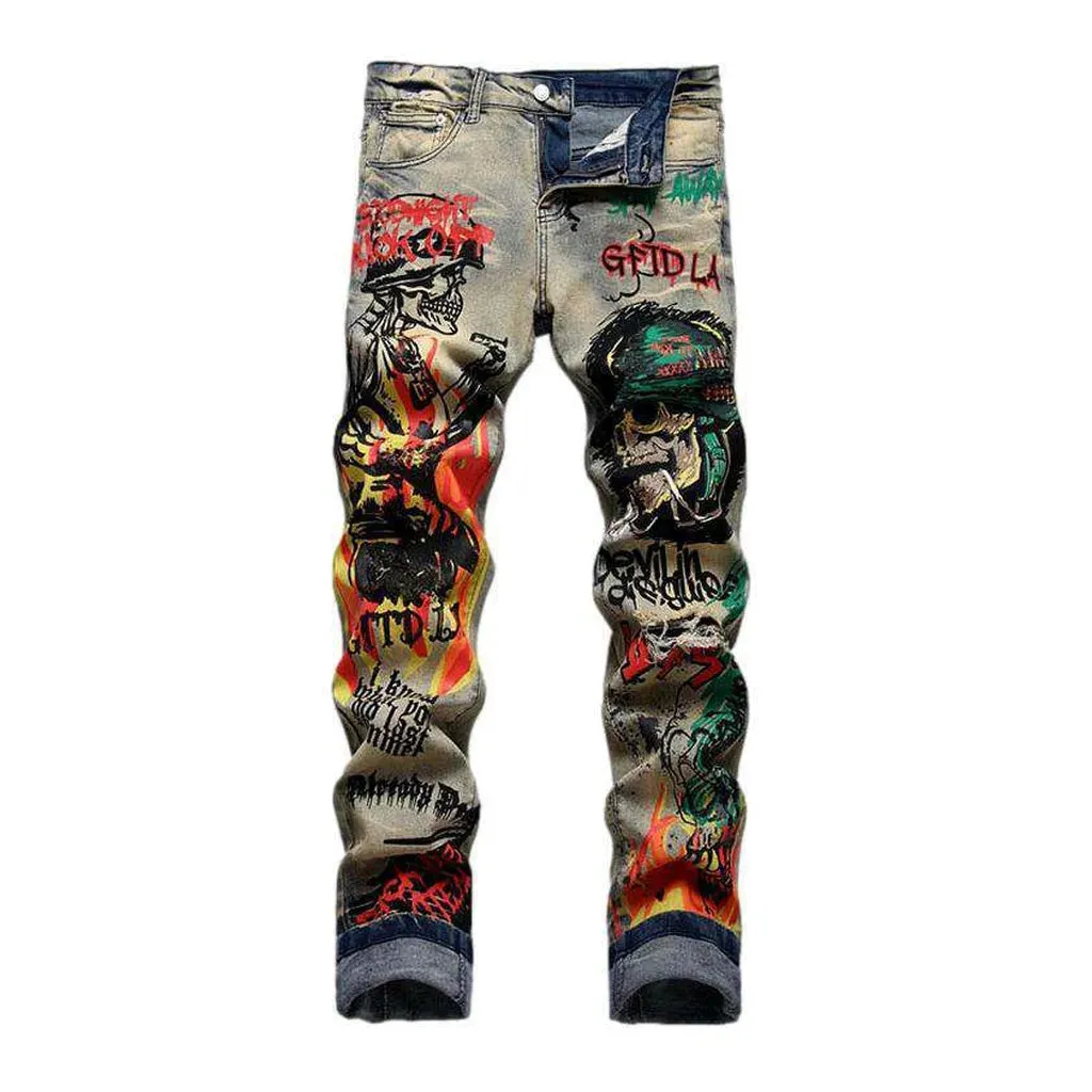 Graffiti skull print men's jeans