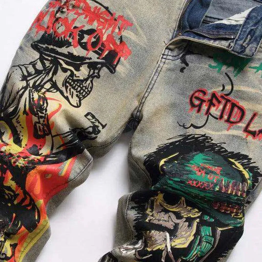 Graffiti skull print men's jeans