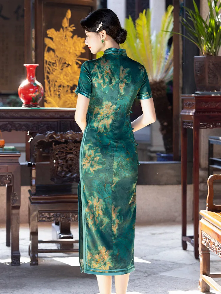 Green Vintage Chinese Style Peony Print Cheongsam Dress for Women