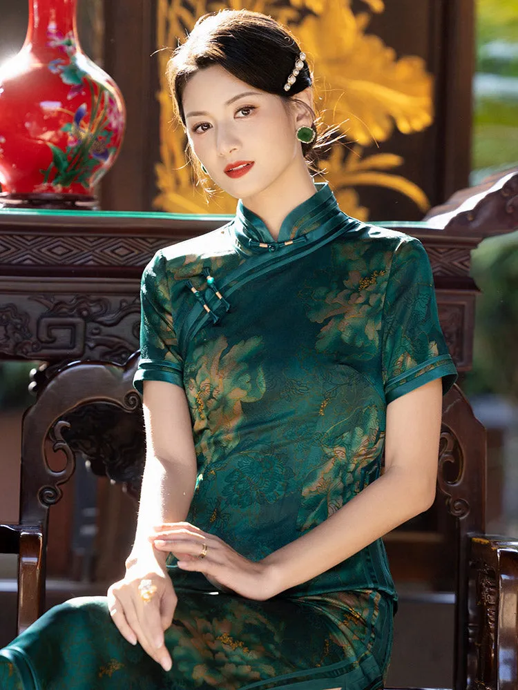 Green Vintage Chinese Style Peony Print Cheongsam Dress for Women