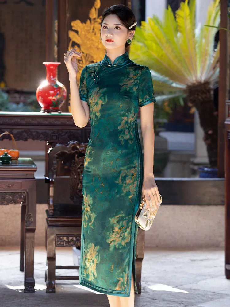 Green Vintage Chinese Style Peony Print Cheongsam Dress for Women