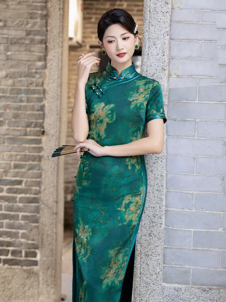 Green Vintage Chinese Style Peony Print Cheongsam Dress for Women