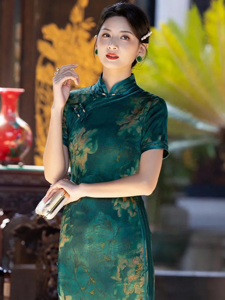 Green Vintage Chinese Style Peony Print Cheongsam Dress for Women