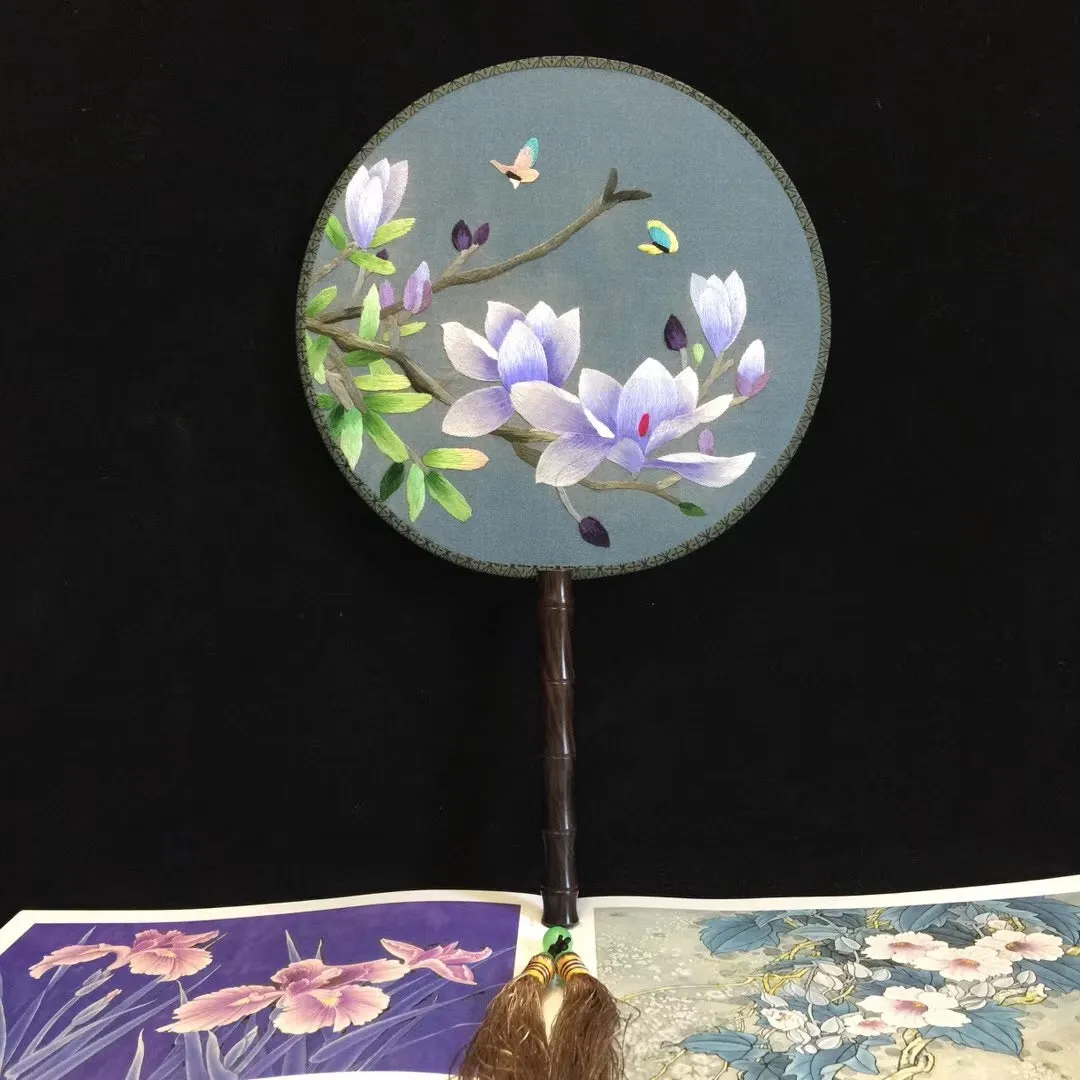 Hand double sided su silk embroidery fan:peacock flower birds orchis panda (two-sided reversible )