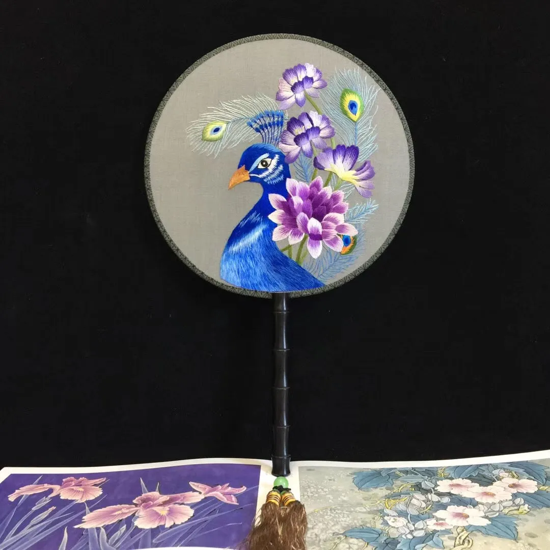 Hand double sided su silk embroidery fan:peacock flower birds orchis panda (two-sided reversible )