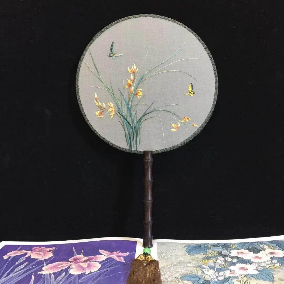 Hand double sided su silk embroidery fan:peacock flower birds orchis panda (two-sided reversible )