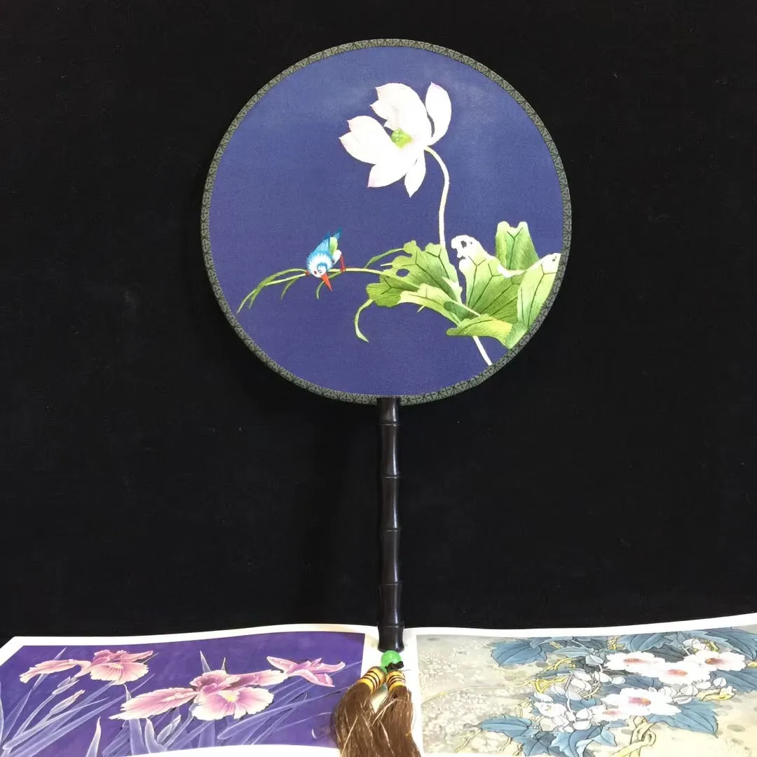 Hand double sided su silk embroidery fan:peacock flower birds orchis panda (two-sided reversible )