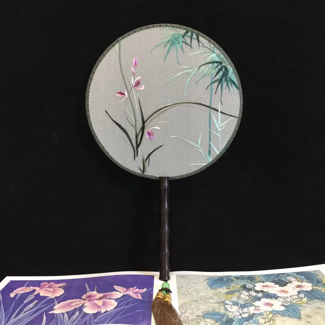 Hand double sided su silk embroidery fan:peacock flower birds orchis panda (two-sided reversible )