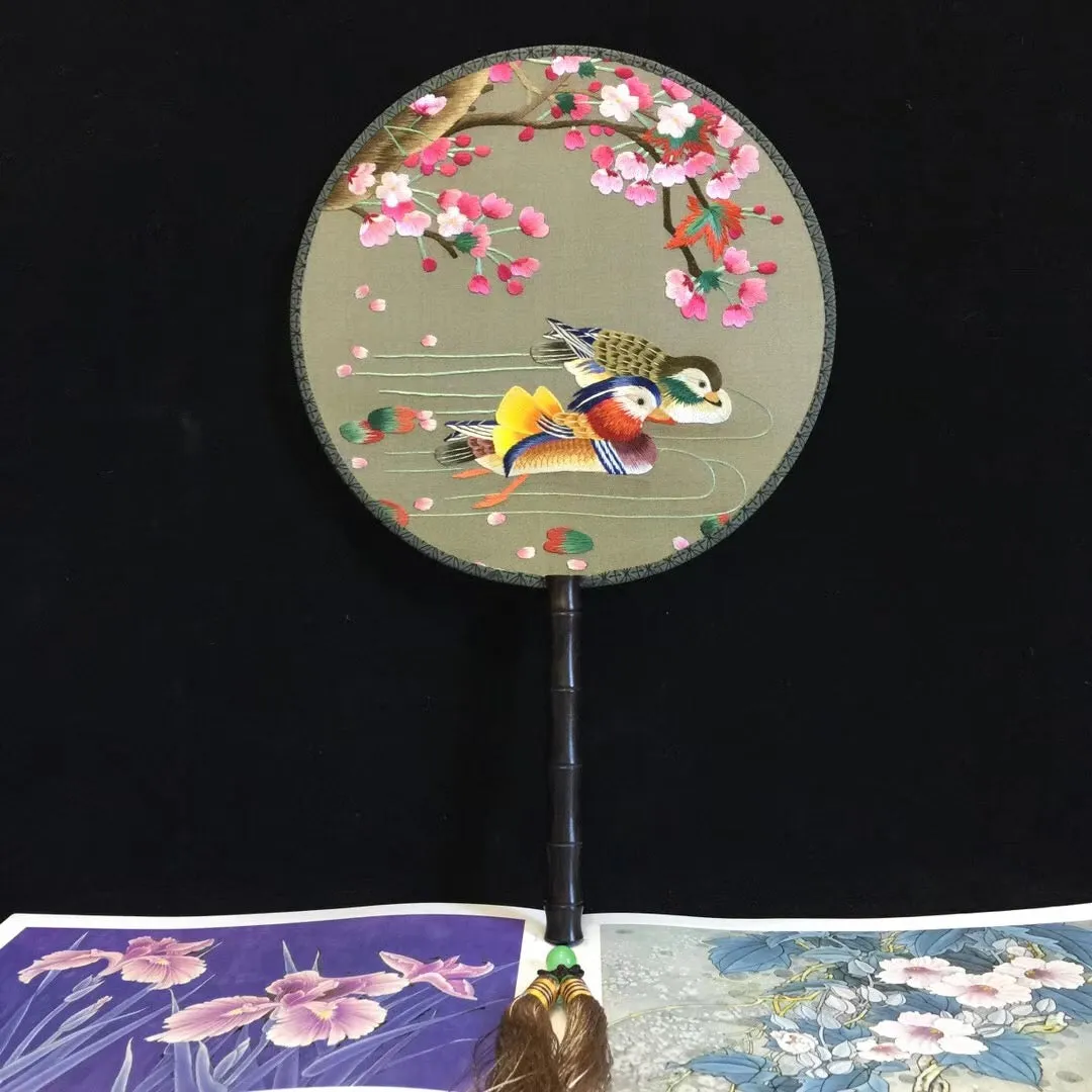 Hand double sided su silk embroidery fan:peacock flower birds orchis panda (two-sided reversible )