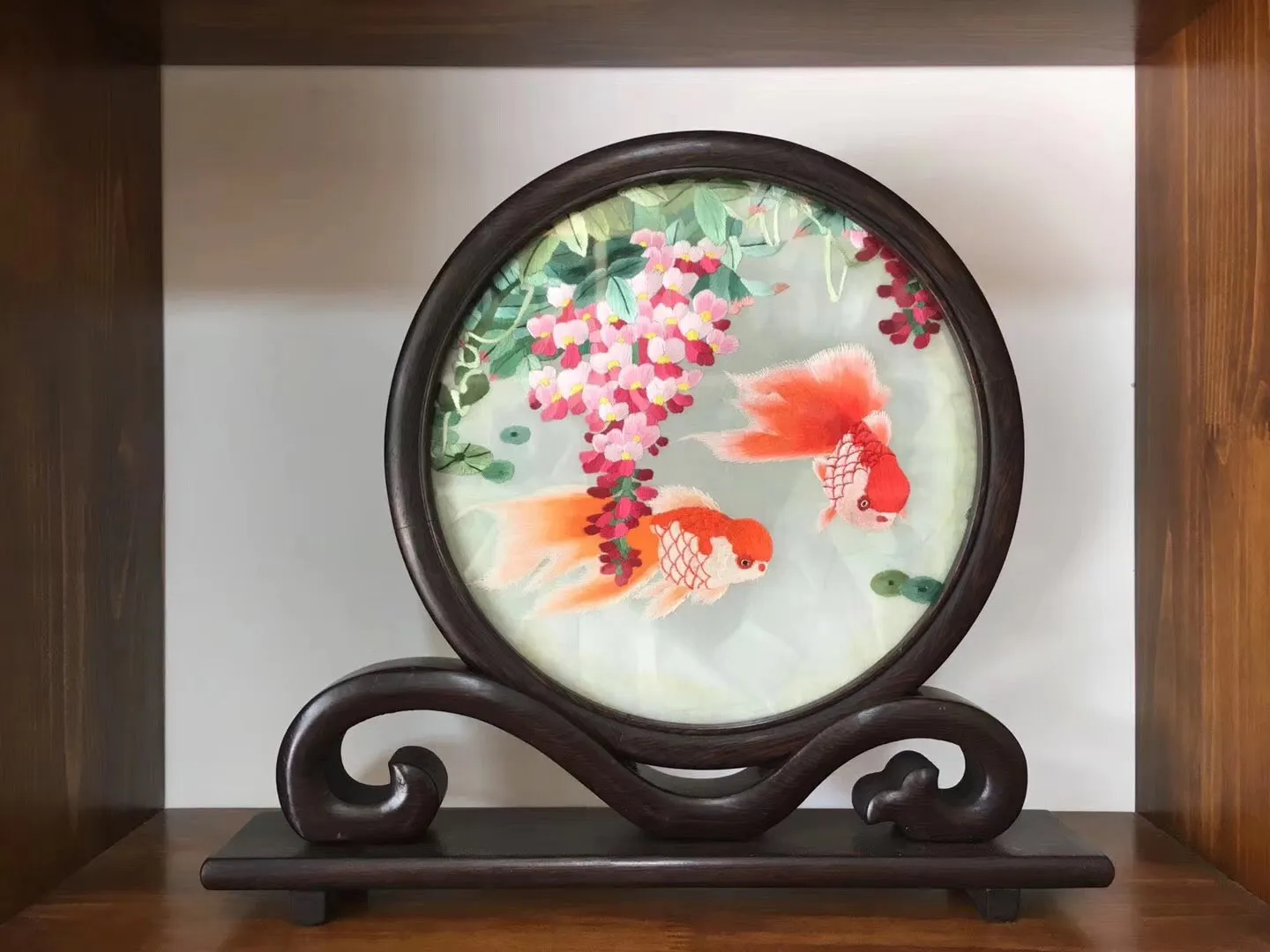 Hand Double-sided Suzhou Embroidery art(with frame):flower bird fish 2918