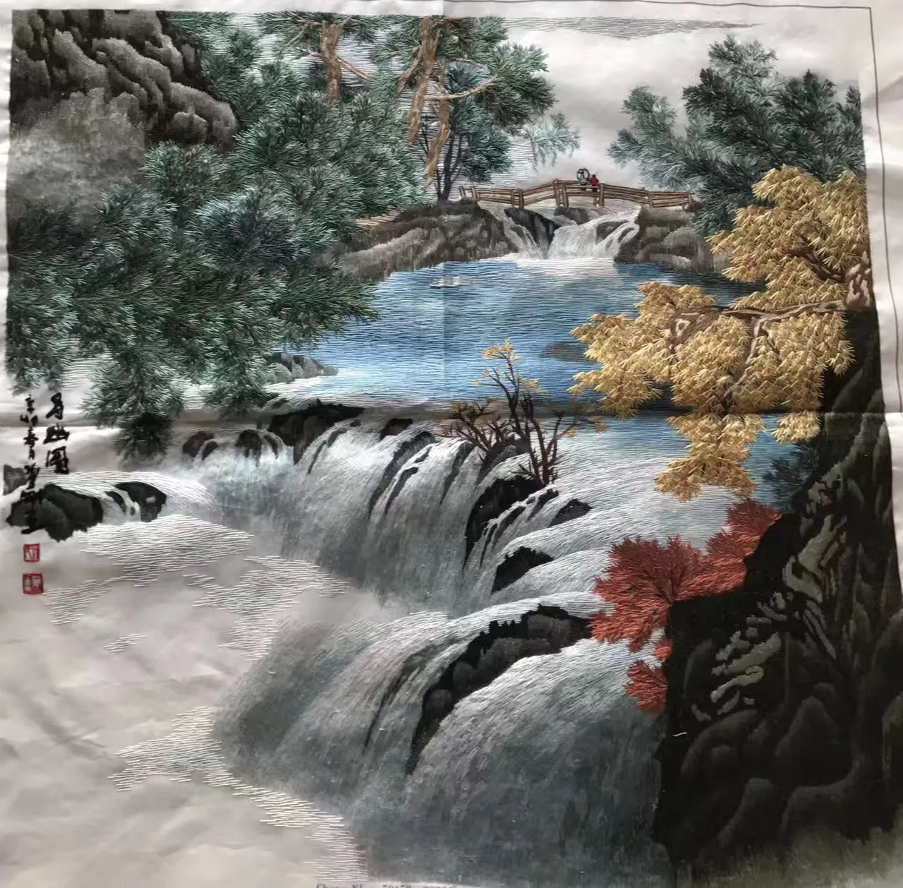 Hand embroideried Suzhou Embroidery Silk Art:mountain waterfall landscape 50cm 5918