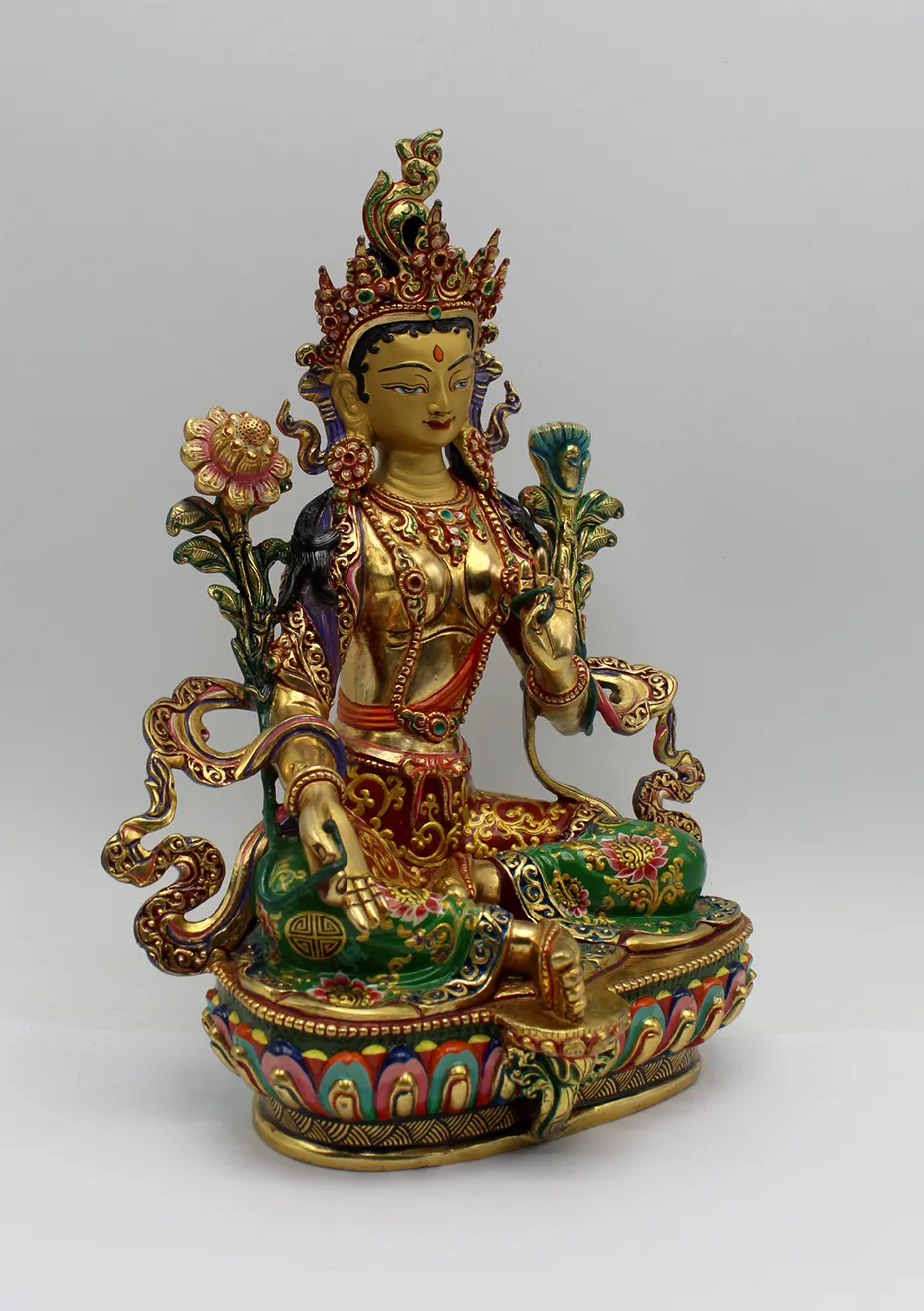 Hand Painted Gold Green Tara Statue 8" H by Meenu Shakya