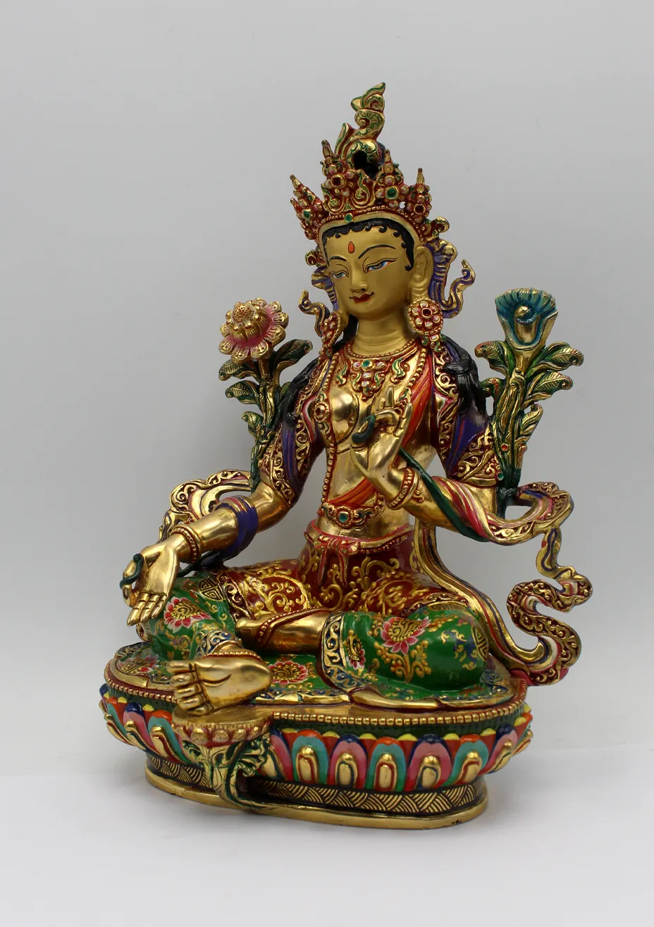 Hand Painted Gold Green Tara Statue 8" H by Meenu Shakya