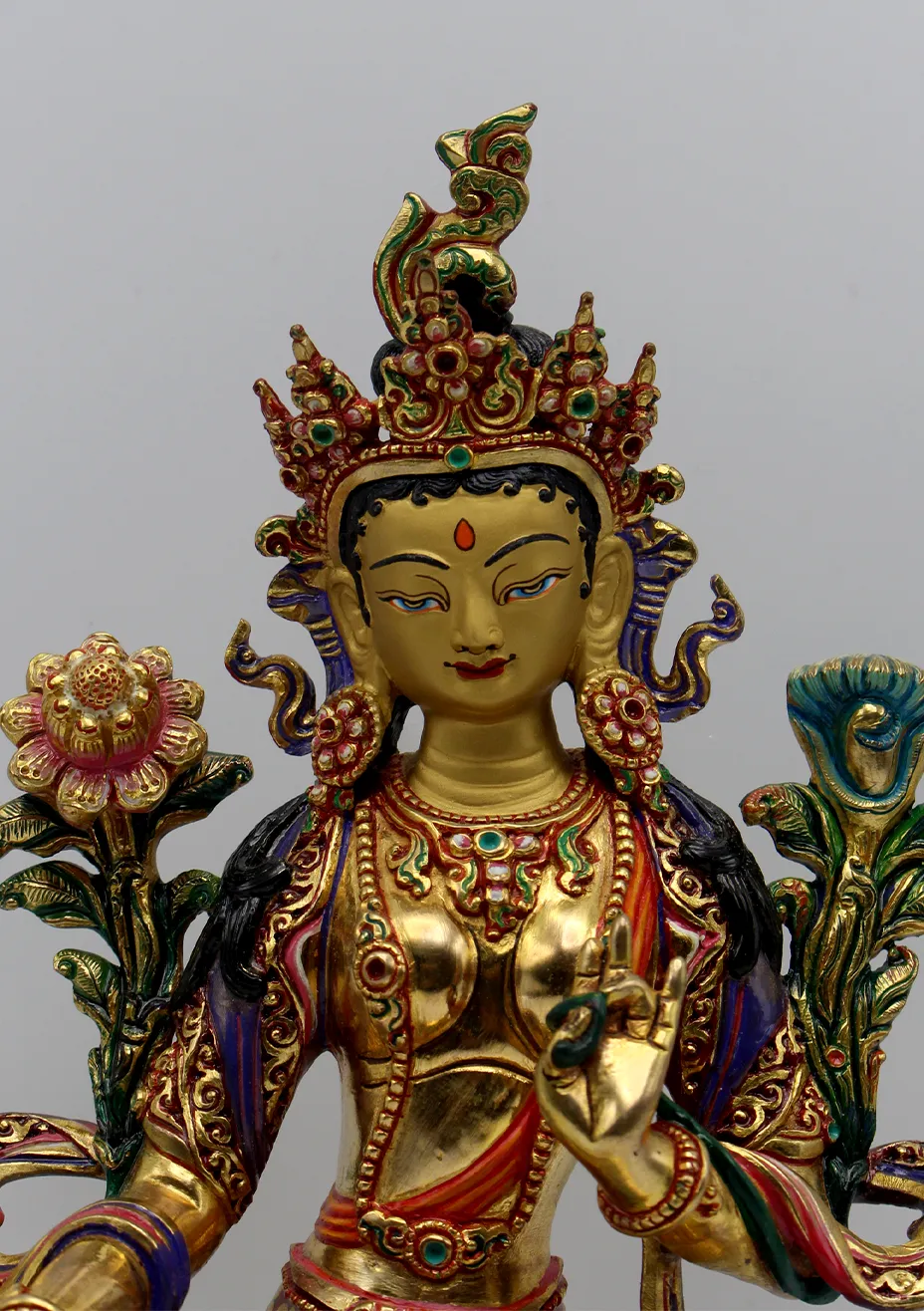 Hand Painted Gold Green Tara Statue 8" H by Meenu Shakya