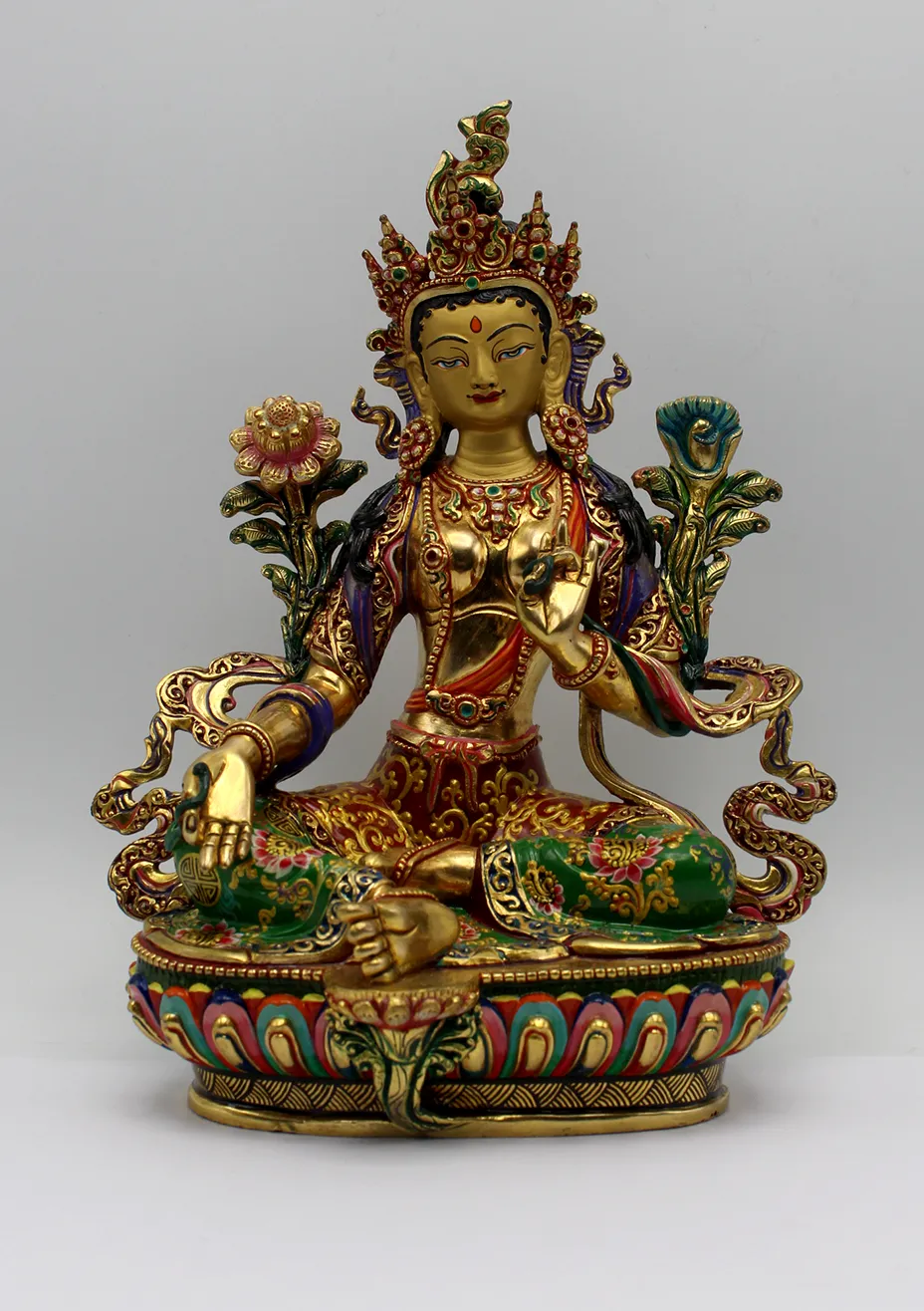 Hand Painted Gold Green Tara Statue 8" H by Meenu Shakya