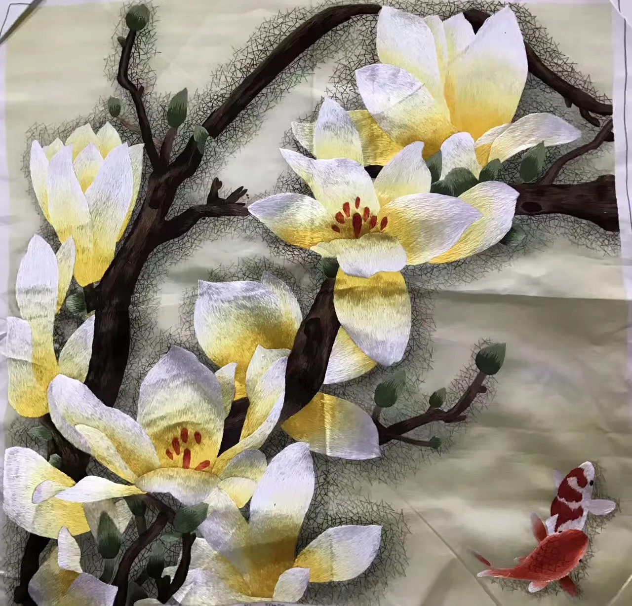 Hand su embroidery art:basket flower peony magnolia panda lotus cricle 35cm