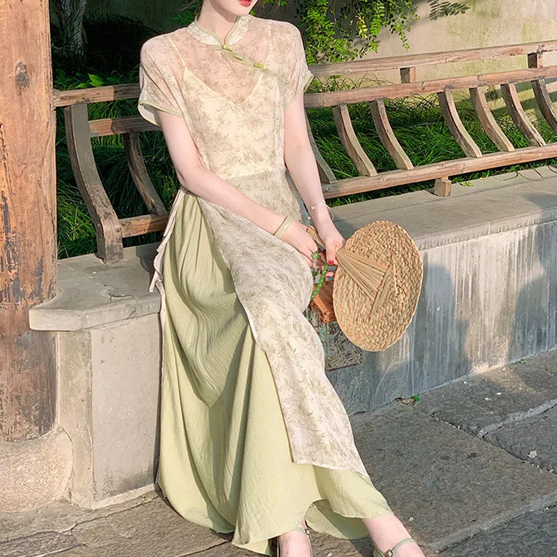 IKERRLAX Soft [South Summer Bamboo Green] New Chinese Zen Bamboo Cheongsam Suit Dress Female  Summer New