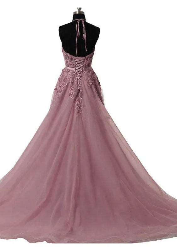 kamahe Tulle Wisteria Prom Dress A-Line/Princess Scoop Neck Court Train With Appliqued