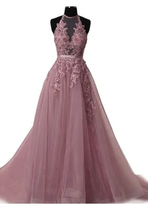 kamahe Tulle Wisteria Prom Dress A-Line/Princess Scoop Neck Court Train With Appliqued