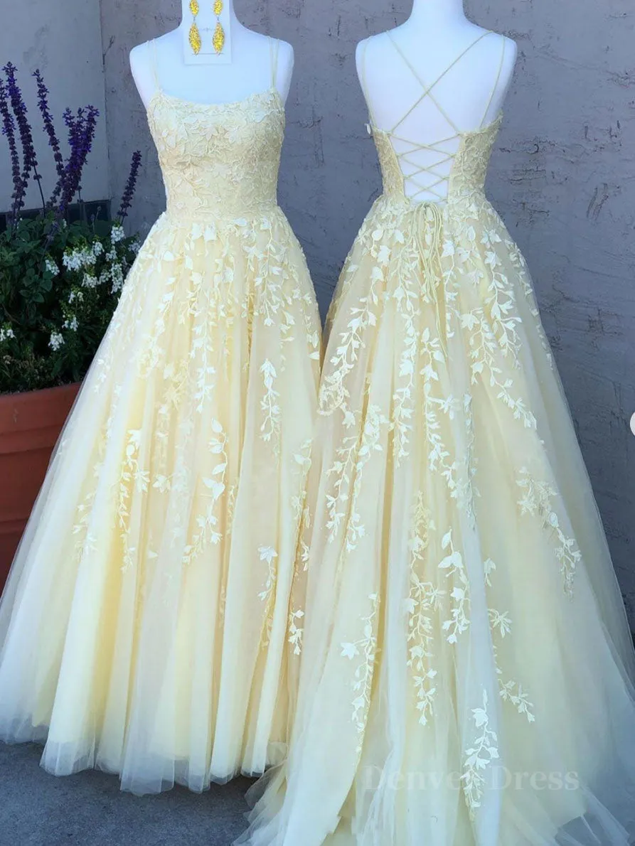 kamahe Yellow tulle lace long prom dress, yellow tulle lace formal dress