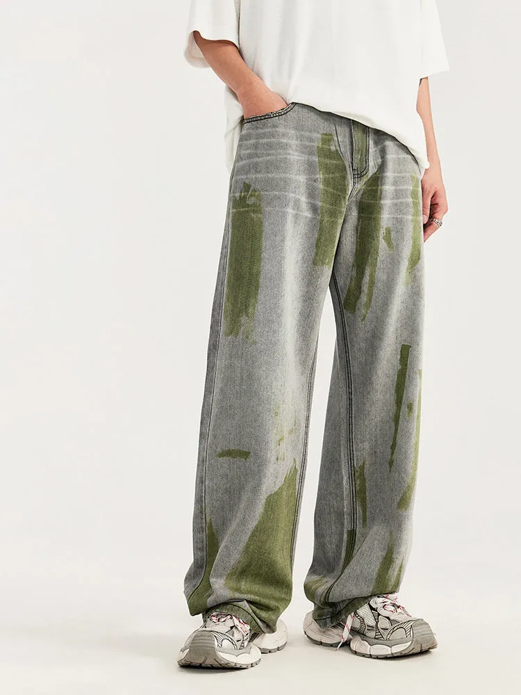 Loose-Fitting Contrast Color Hand-Painted Jeans