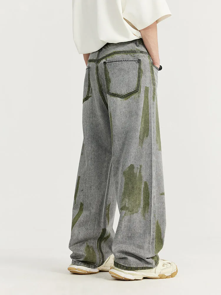 Loose-Fitting Contrast Color Hand-Painted Jeans